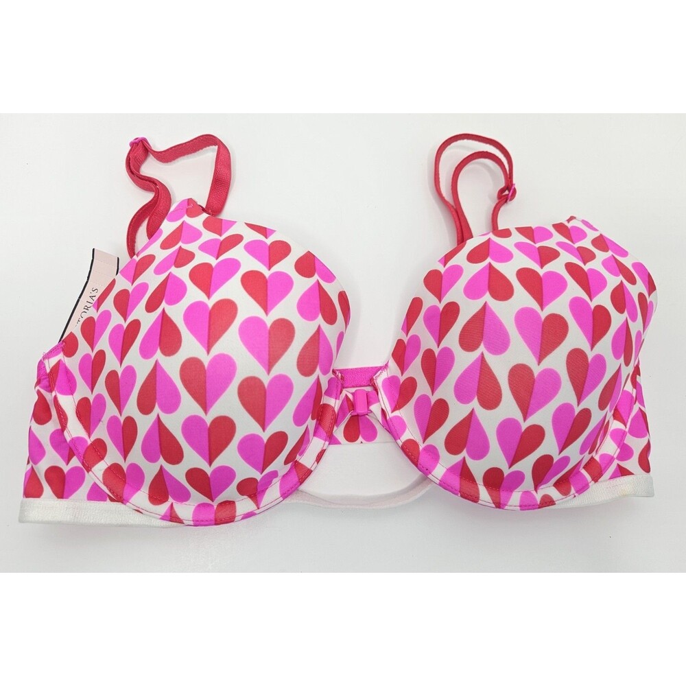 VICTORIA'S SECRET Sexy Tee Demi BRA 32D Front Close Heart Print Pink Red NWT